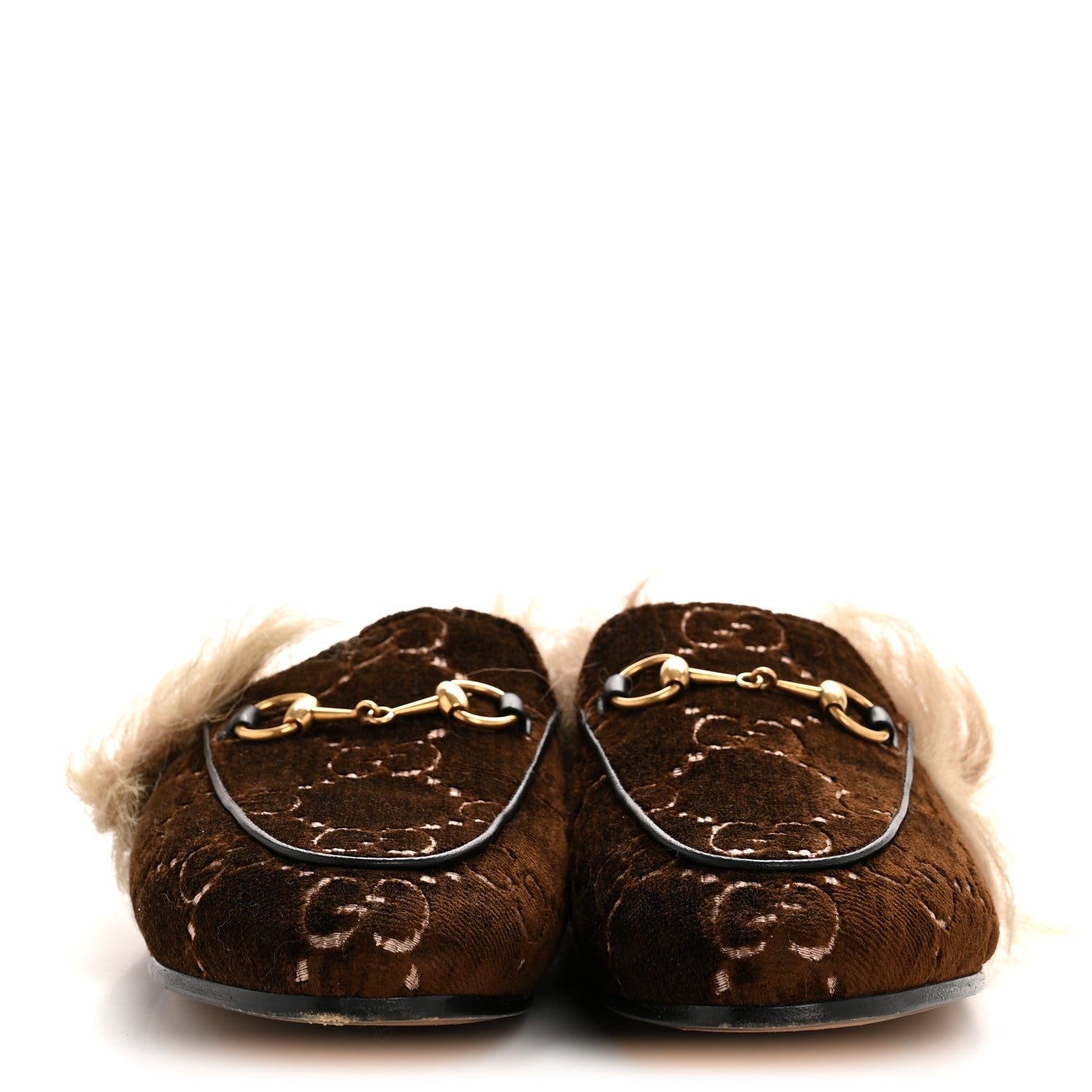 Gucci Velvet GG Monogram Fur Womens Princetown Slippers 36.5 Brown Black Natural 3 of 8