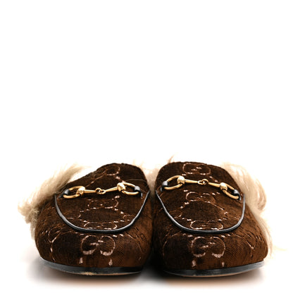 Gucci Velvet GG Monogram Fur Womens Princetown Slippers 36.5 Brown Black Natural 3 of 8