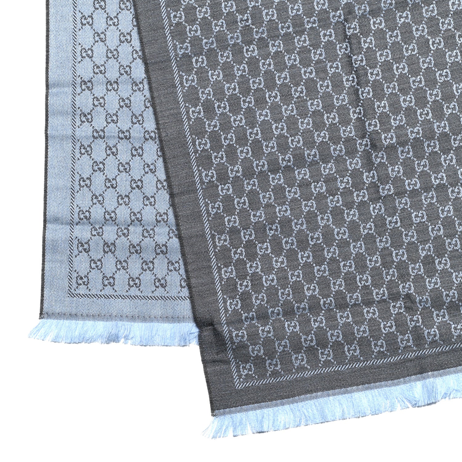 Gucci Wool GG Monogram Reversible New Sten Fringe Scarf Flannel Sky Blue 3 of 4