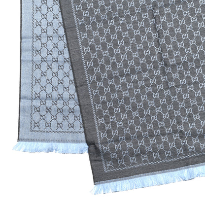 Gucci Wool GG Monogram Reversible New Sten Fringe Scarf Flannel Sky Blue 3 of 4