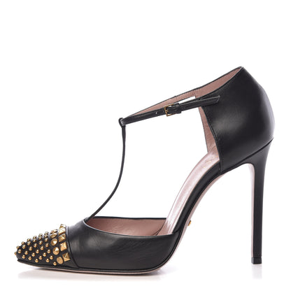 Gucci Calfskin Studded Cap Toe Ankle Strap Pumps 38 Black 1 of 12