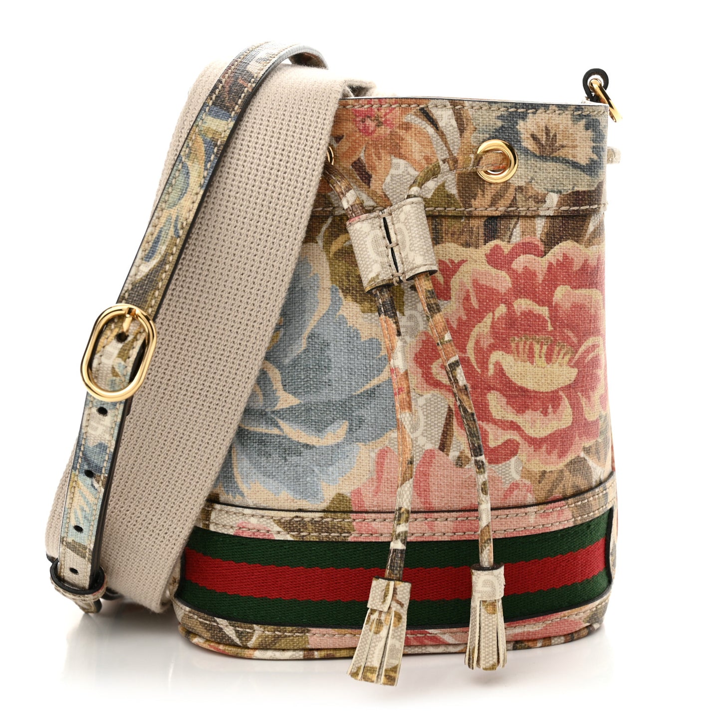 GG Supreme Monogram Water Flora Web Mini Ophidia Bucket Bag White Multicolor