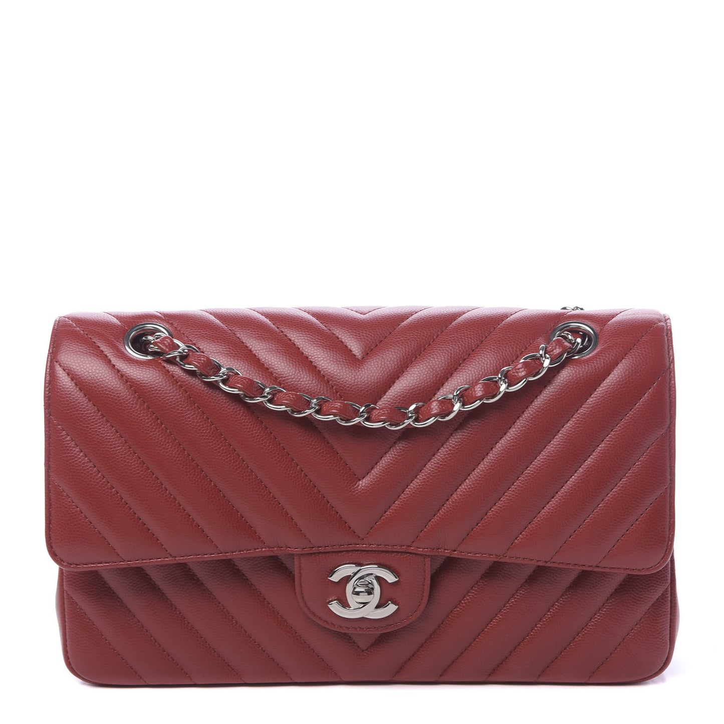 Caviar Chevron Quilted Medium Double Flap Dark Red