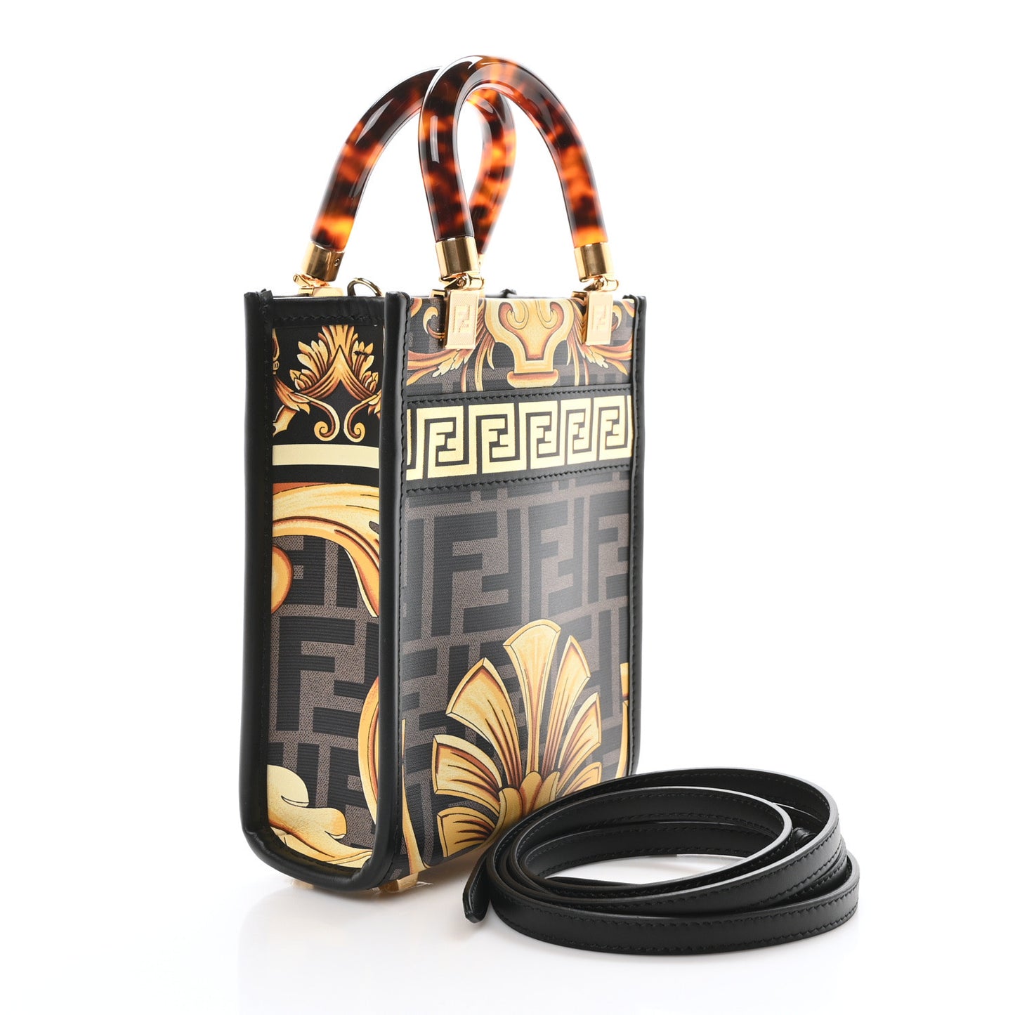 X VERSACE Vitello King Catalan Mirror Plexiglass Fendace FF Baroque Logo Mini Fendi Sunshine Shopper Tote Black Gold