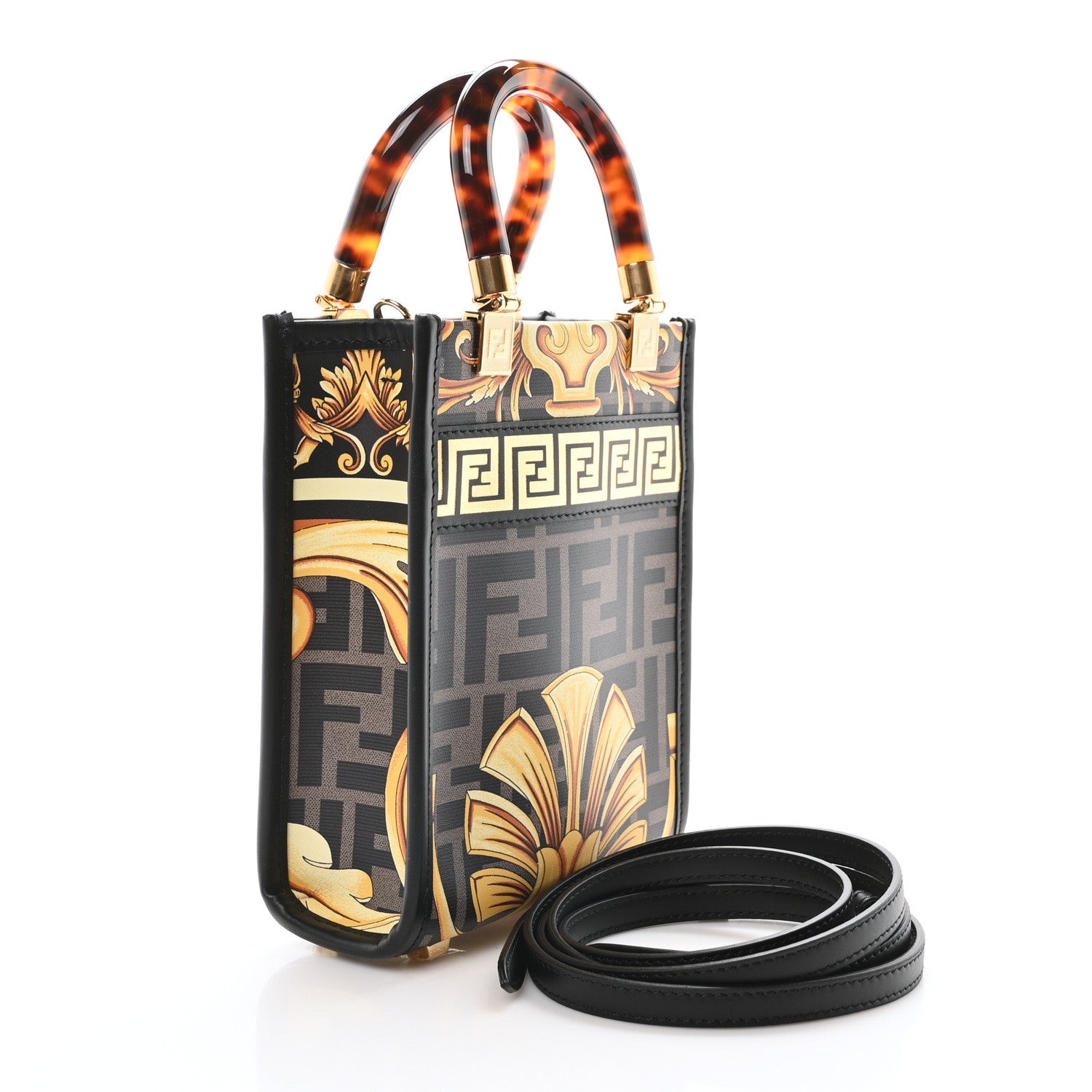 Fendi X VERSACE Vitello King Catalan Mirror Plexiglass Fendace FF Baroque Logo Mini Fendi Sunshine Shopper Tote Black Gold 3 of 9