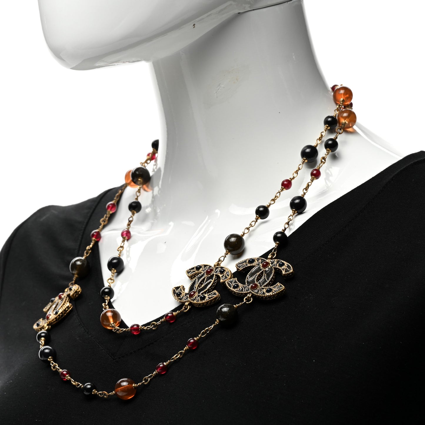 Gripoix Poured Glass CC Long Necklace Gold Multicolor