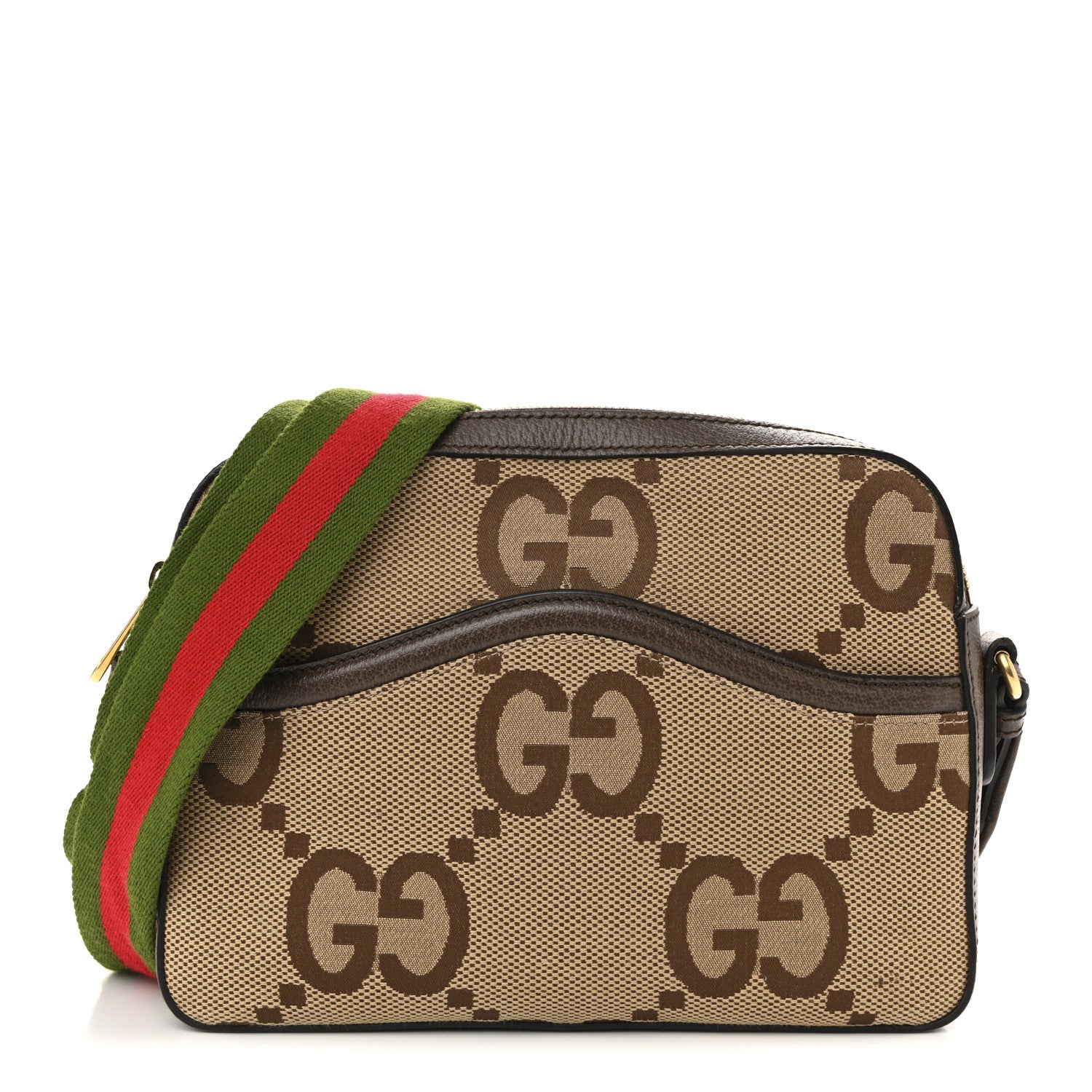 Gucci Monogram Jumbo GG Textured Dollar Calfskin Web Messenger Shoulder Bag Camel Ebony New Acero 1 of 16
