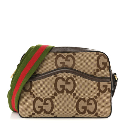 Gucci Monogram Jumbo GG Textured Dollar Calfskin Web Messenger Shoulder Bag Camel Ebony New Acero 1 of 16