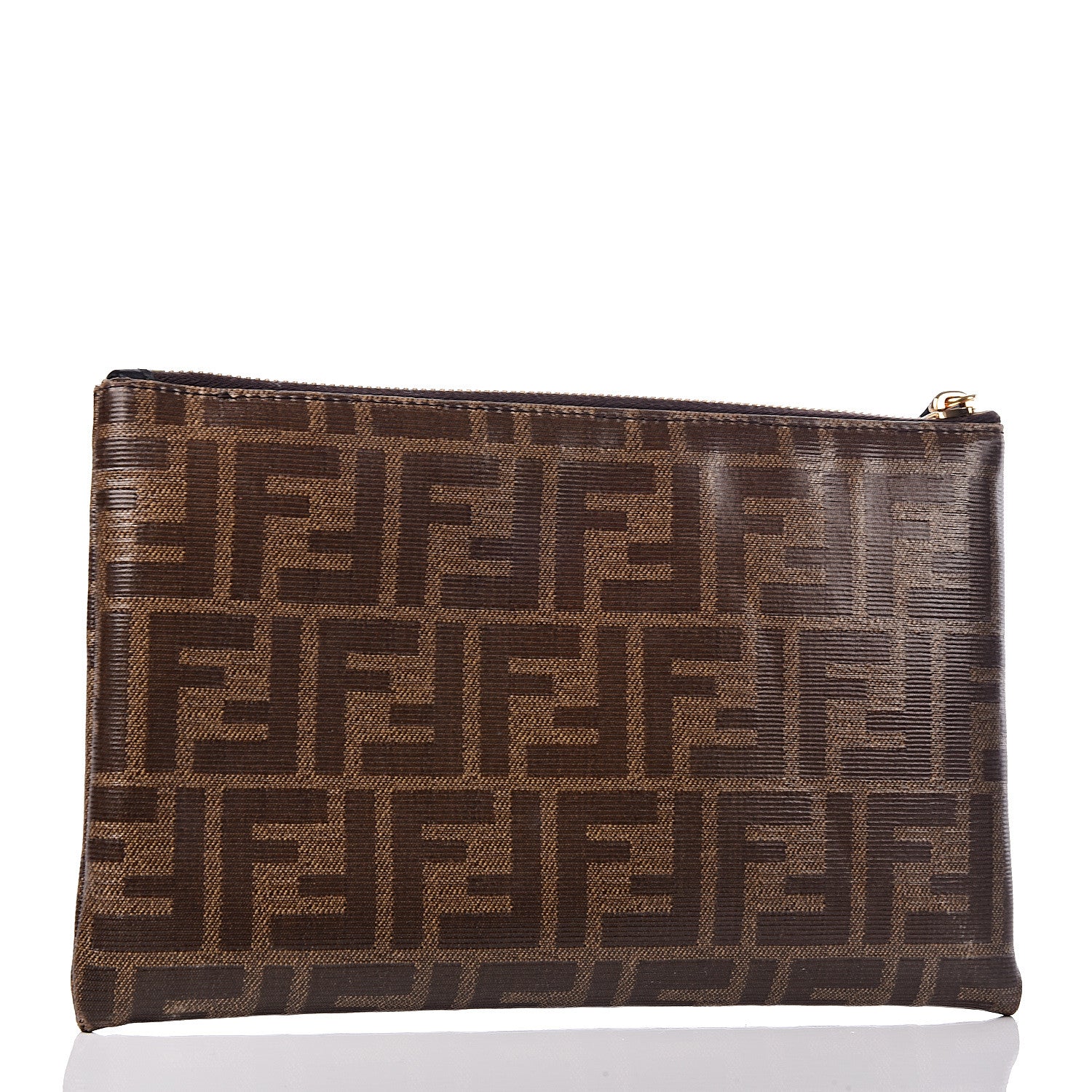 Fendi Glazed Fabric Vitello Century FF 1974 Stamp Patch Small FFreedom Flat Pouch Mogano Panna Black 3 of 8