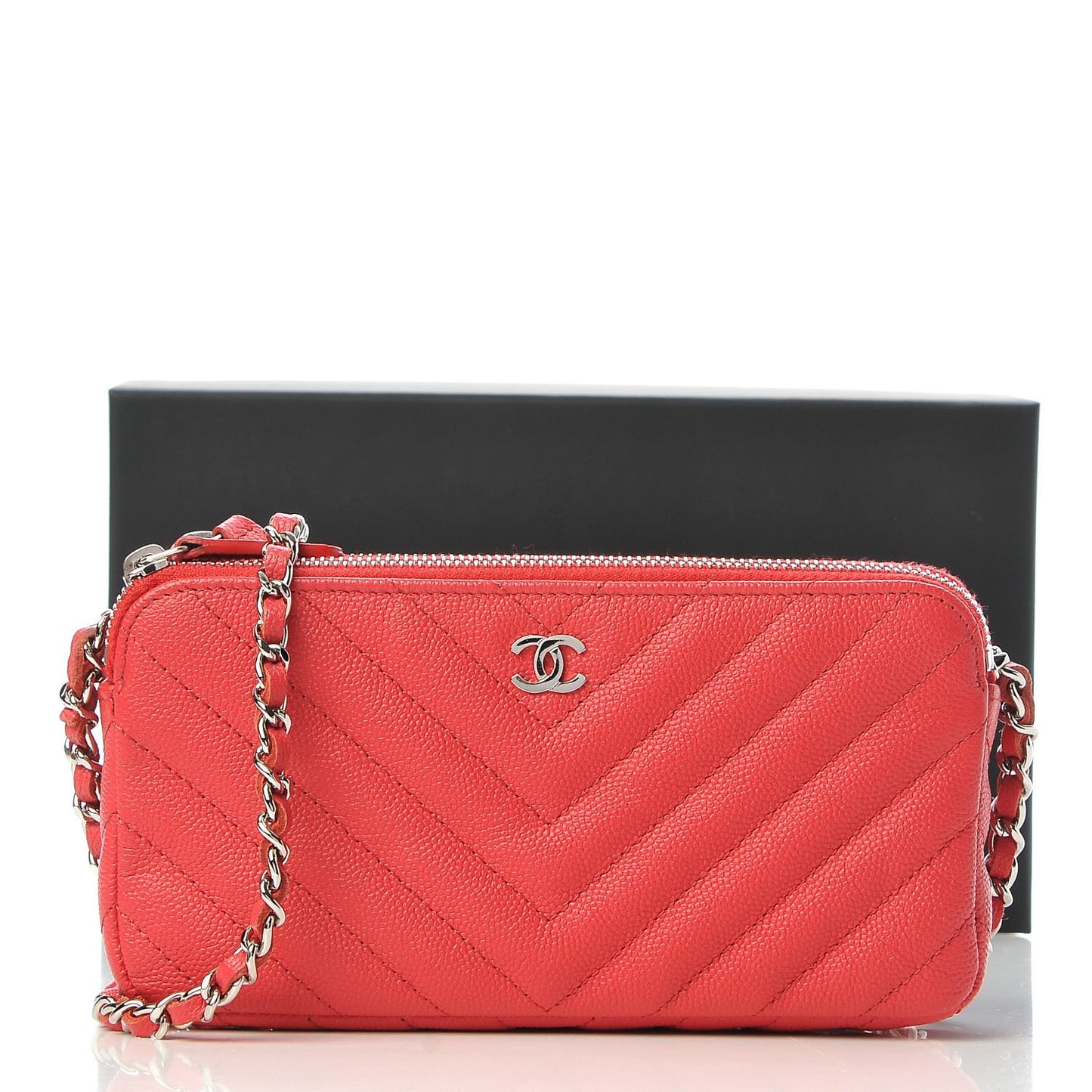 Caviar Chevron Quilted Small Clutch With Chain Light Red