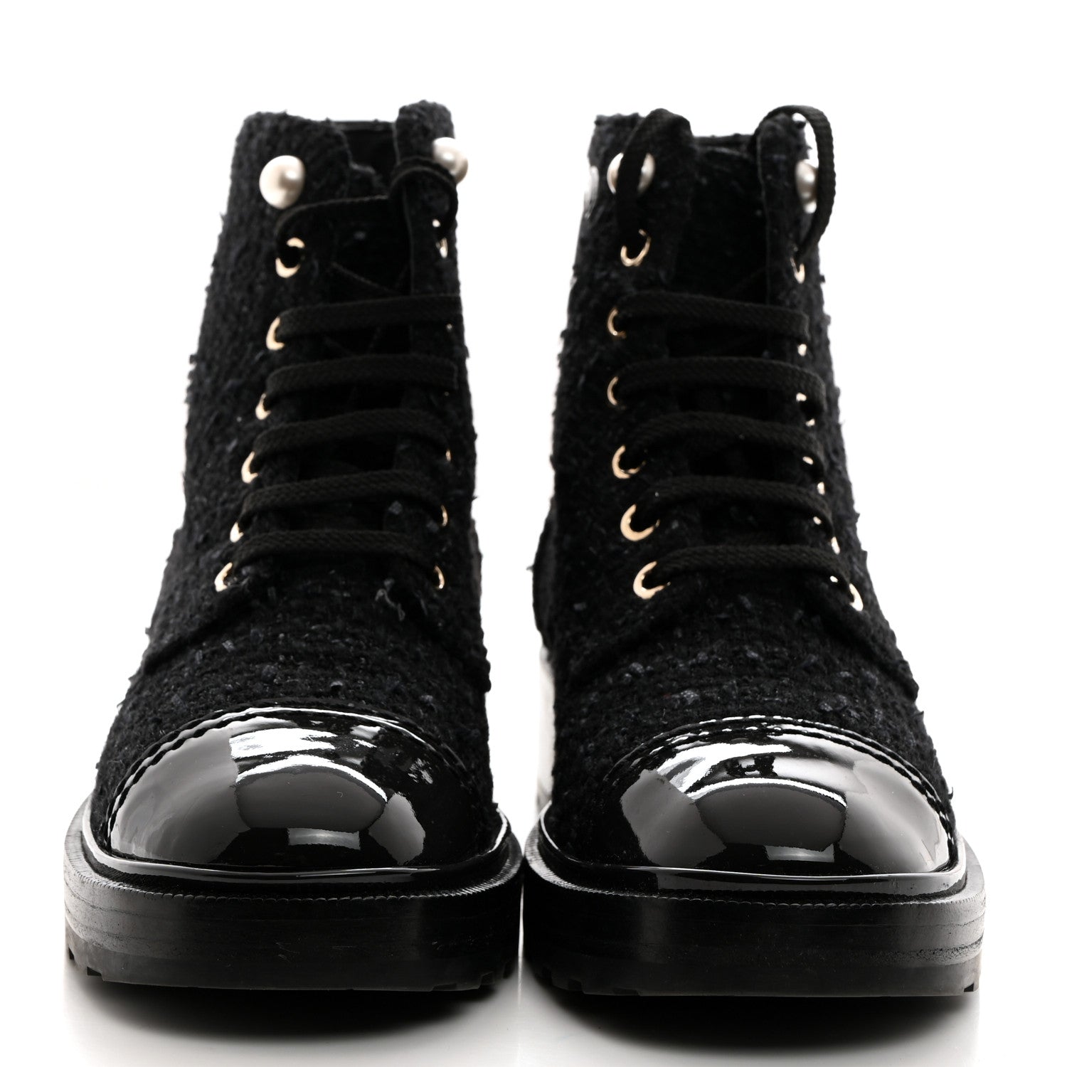 Chanel Tweed Patent Calfskin Pearl Combat Short Boots 36.5 Black Grey Blue 2 of 9
