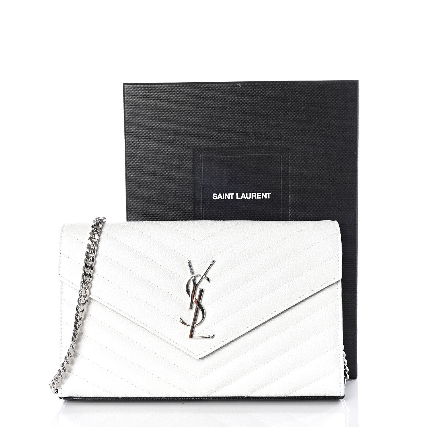 Saint Laurent Grain De Poudre Matelasse Bi-Color Chevron Monogram Chain Wallet White Black 9 of 9