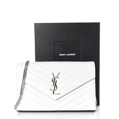 Saint Laurent Grain De Poudre Matelasse Bi-Color Chevron Monogram Chain Wallet White Black 9 of 9