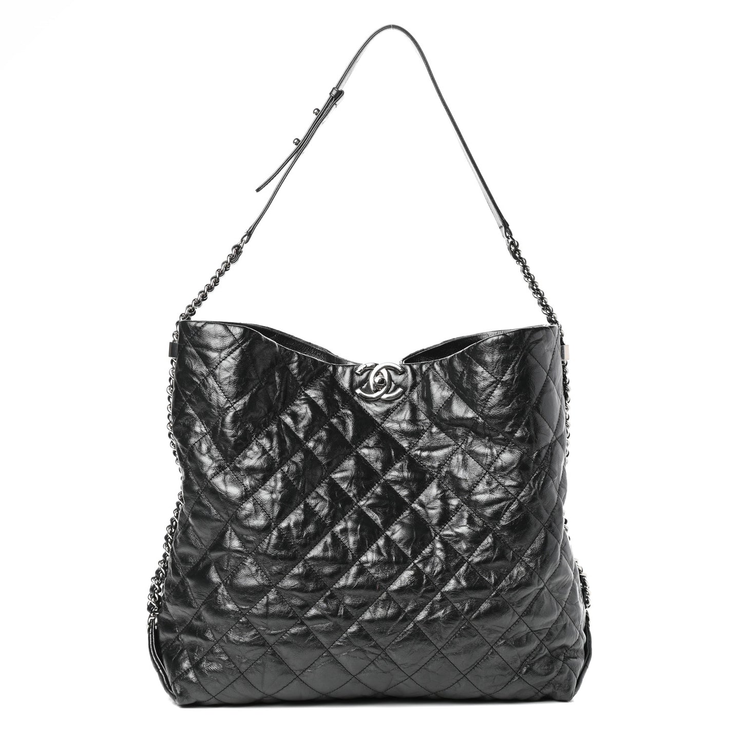 Crackled Calfskin Quilted Large Big Bang Hobo Black