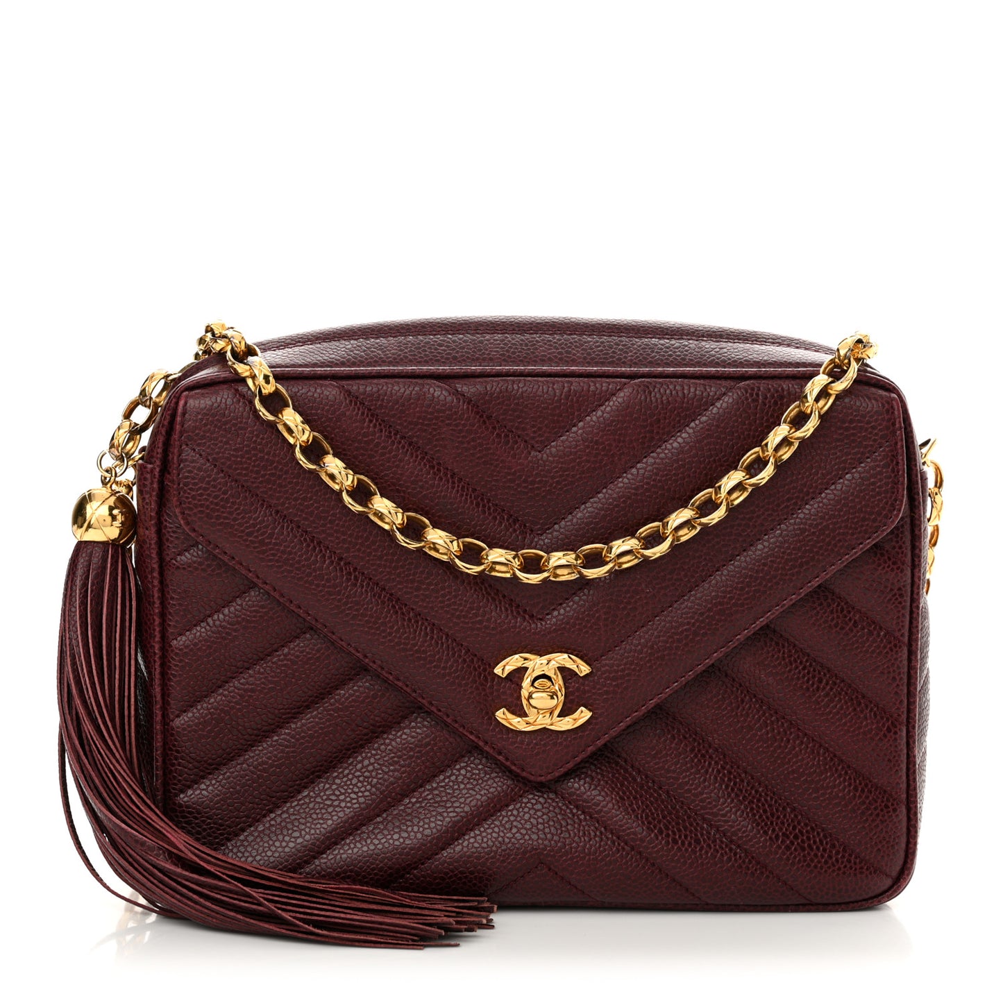 Caviar Chevron Quilted Tassel Camera Case Burgundy