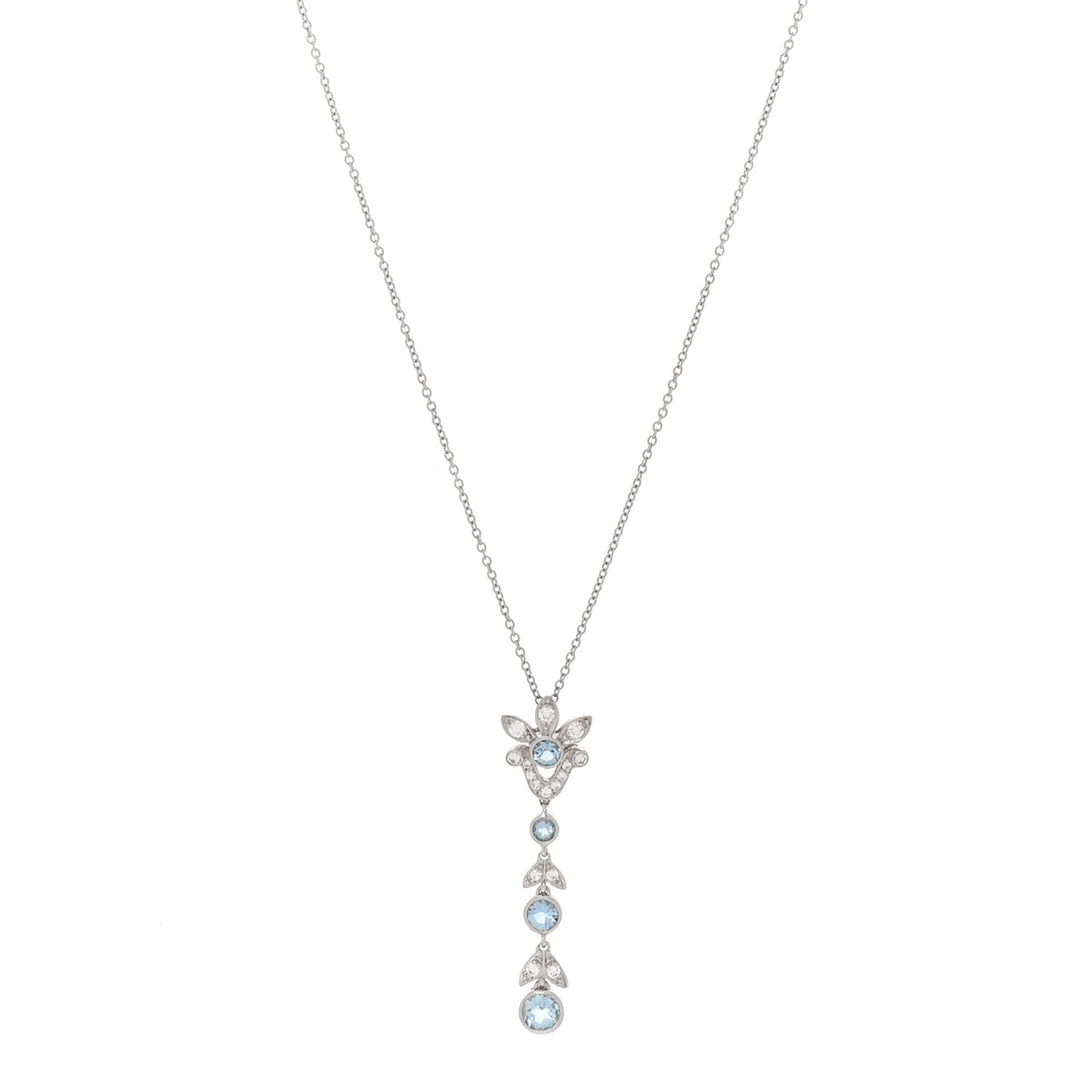 Platinum Diamond Aquamarine Drop Pendant Necklace