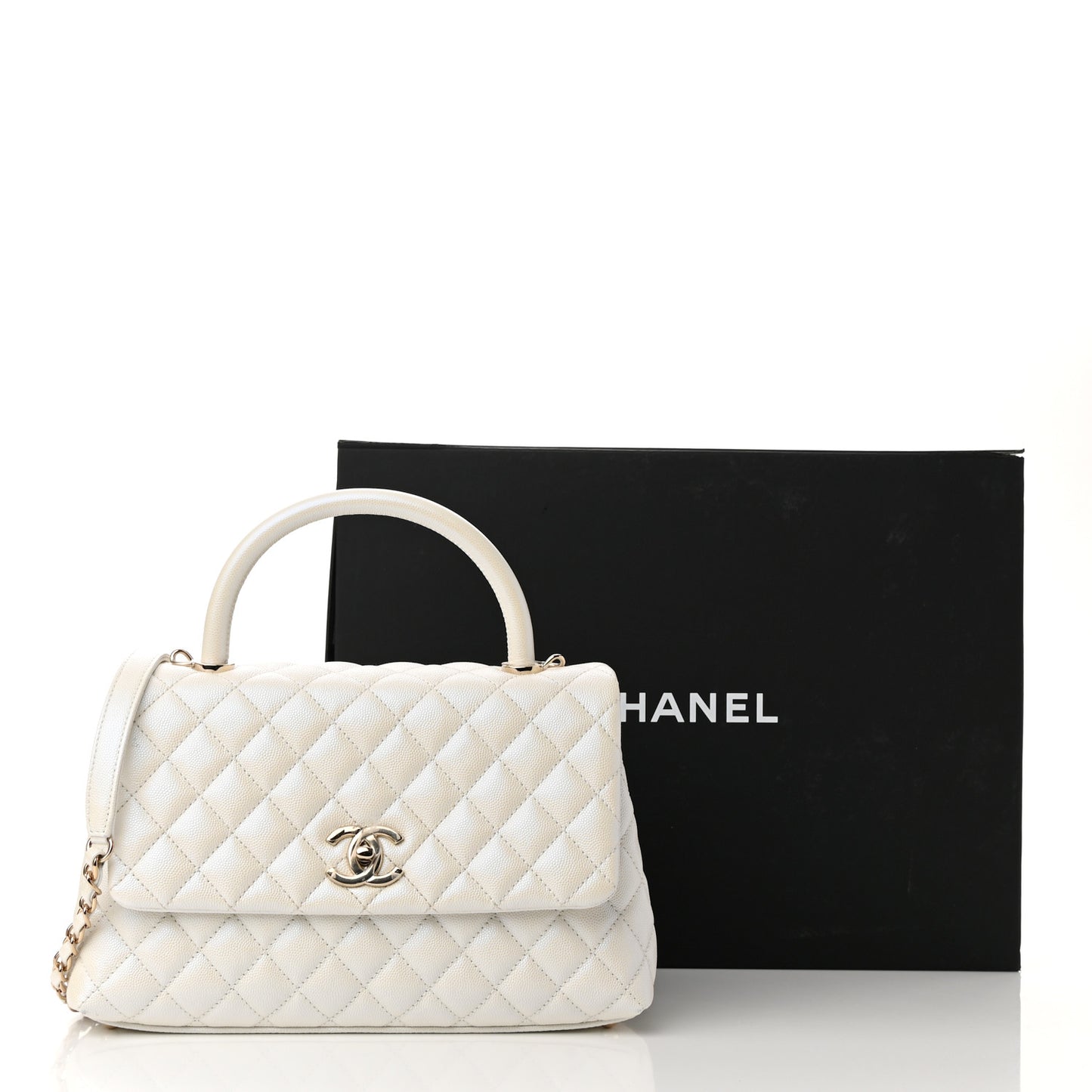 Iridescent Caviar Quilted Small Coco Handle Flap White
