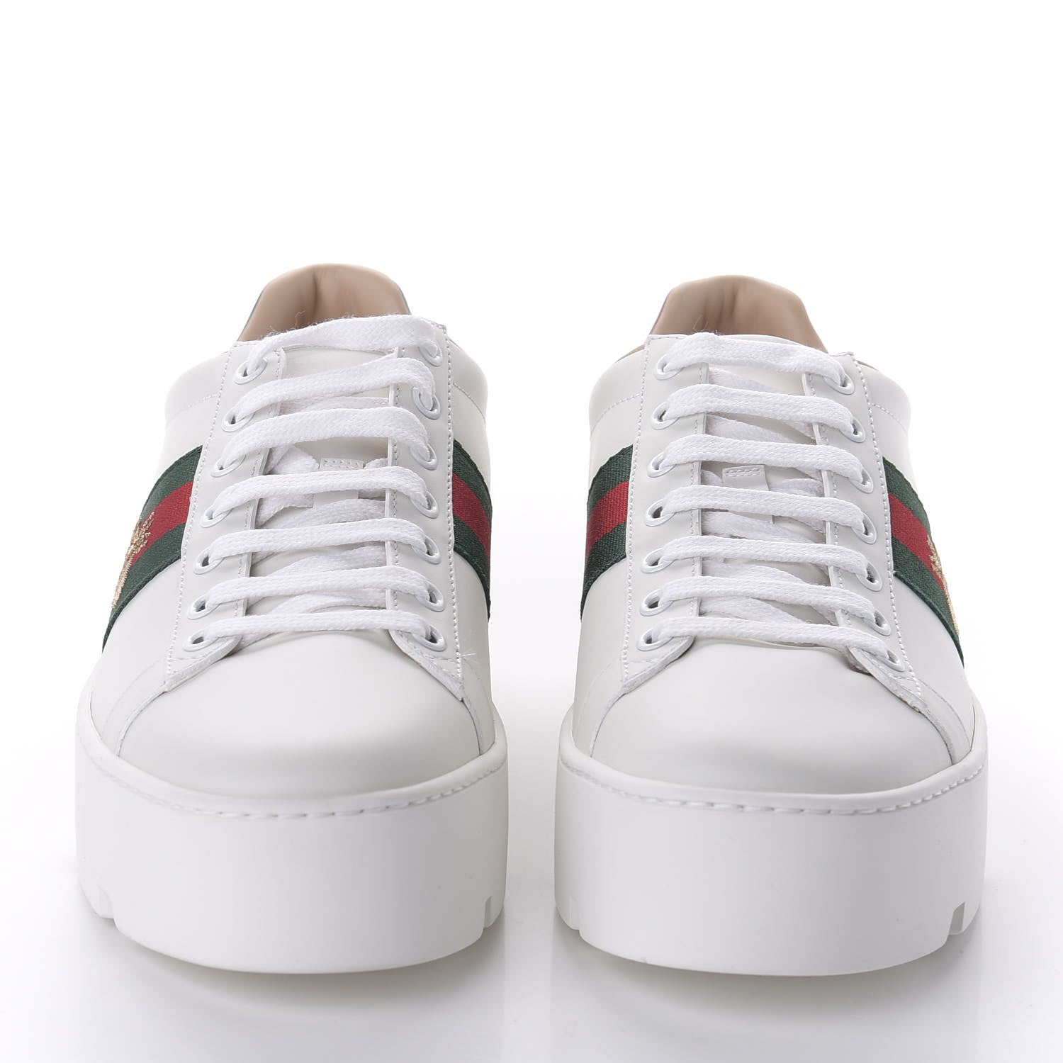 Gucci Calfskin Web Bee Embroidered Womens Ace Platform Sneakers 38.5 White 2 of 9