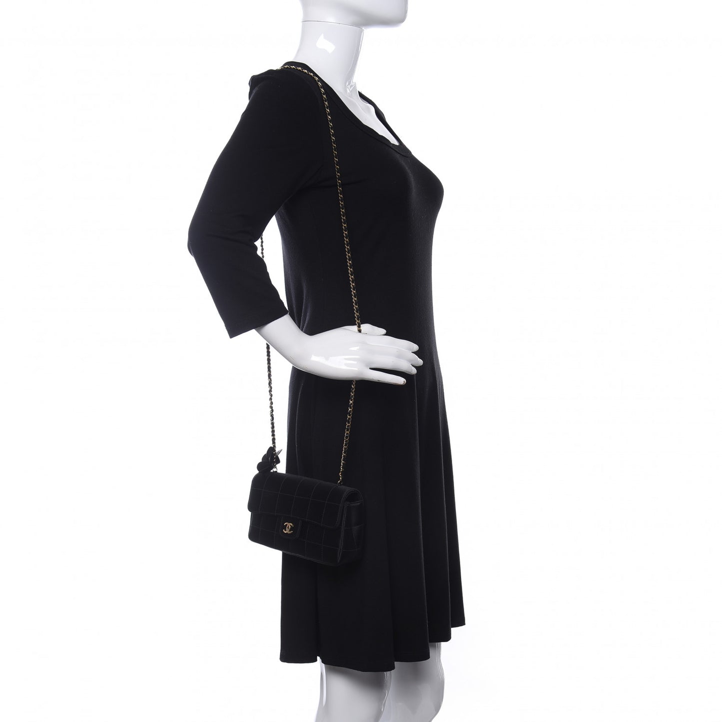 Satin Chocolate Bar Quilted Camellia Rectangular Mini Flap Black
