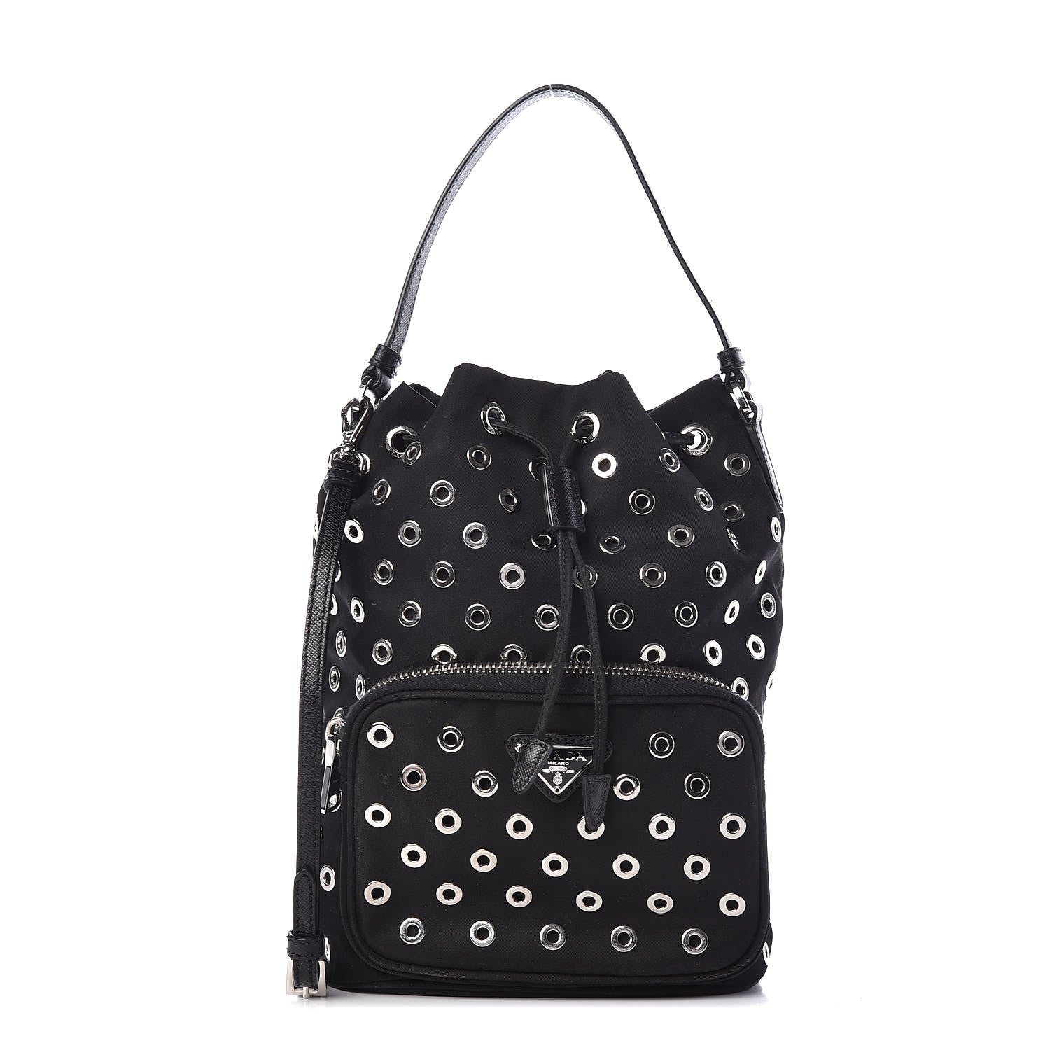 Prada Tessuto Nylon Saffiano Grommets Mini Bucket Crossbody Bag Black 1 of 8