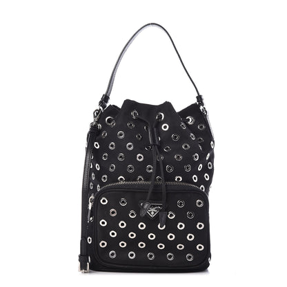 Prada Tessuto Nylon Saffiano Grommets Mini Bucket Crossbody Bag Black 1 of 8
