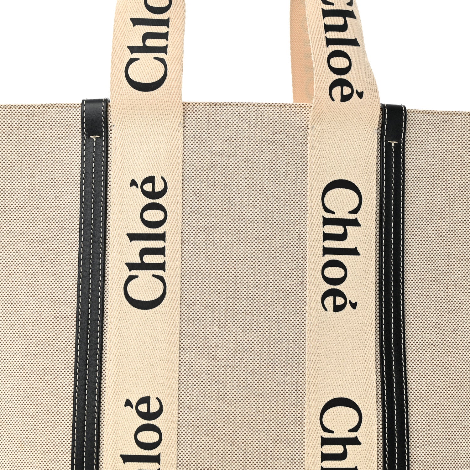 Chloe Cotton Calfskin Large Woody Ribbon Tote White Black 8 of 15