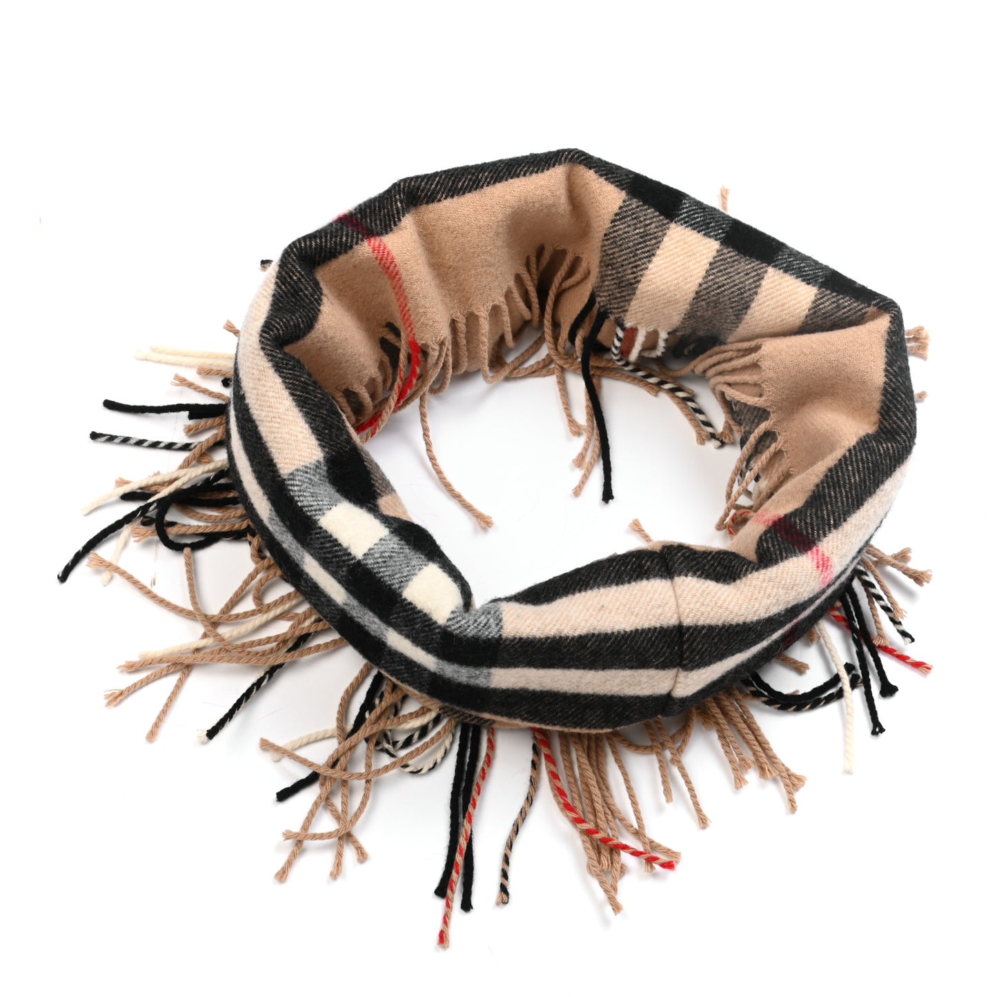 Cashmere Giant Check Fringe Scarf Camel