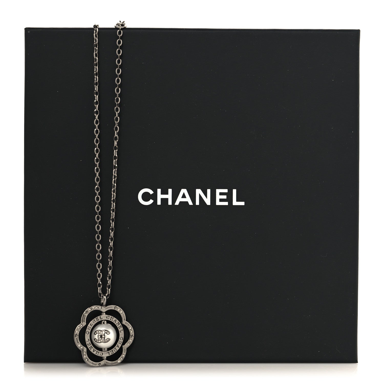 Chanel Metal Crystal Pearl CC Camellia Pendant Necklace Silver 5 of 5