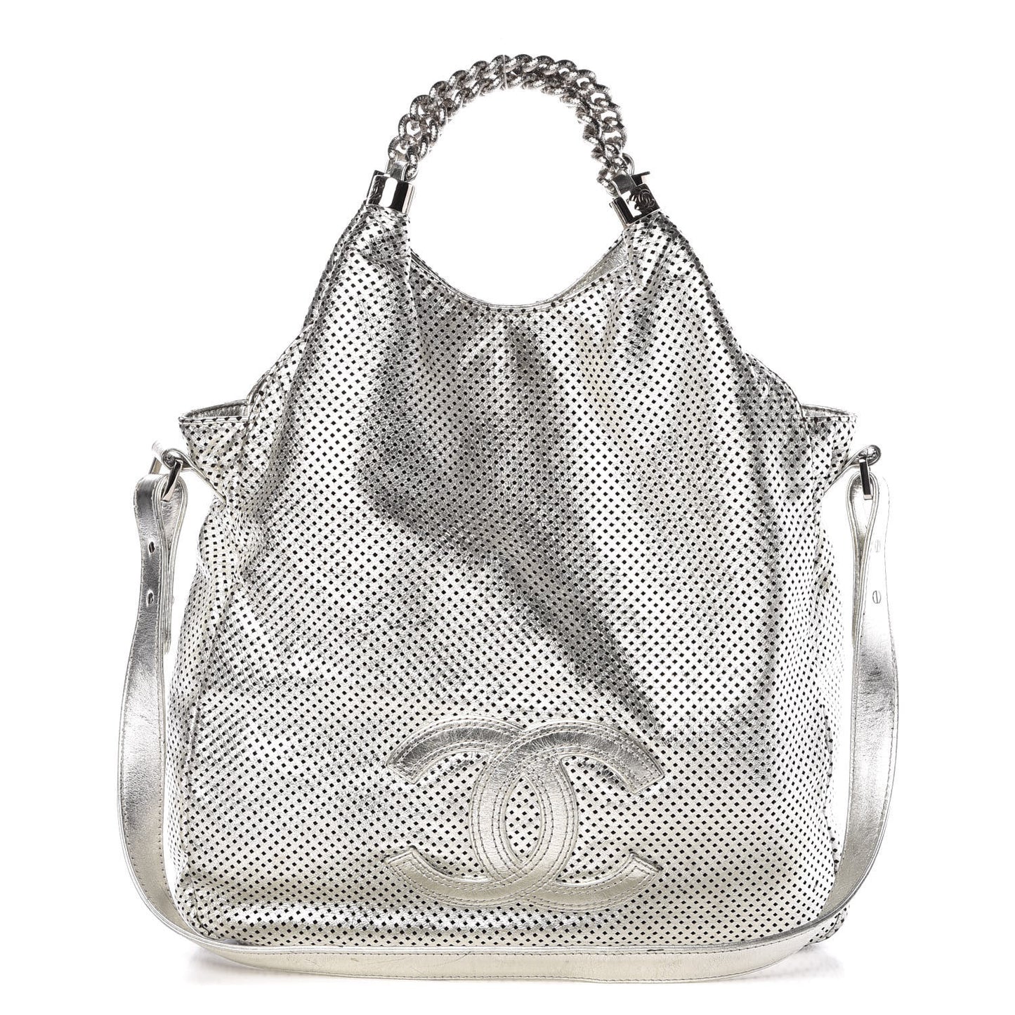 Metallic Glazed Calfskin Perforated Medium Rodeo Drive Tote Silver