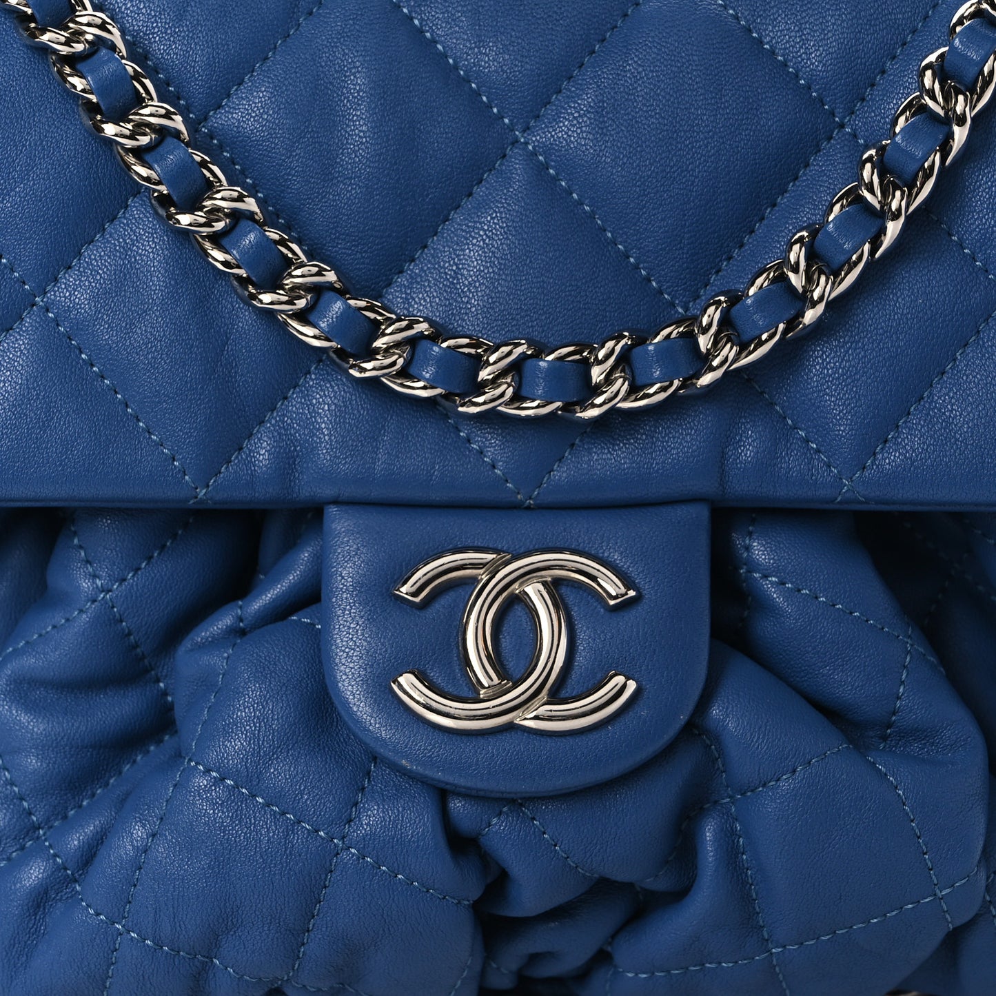 Washed Lambskin Quilted Medium Chain Around Flap Blue