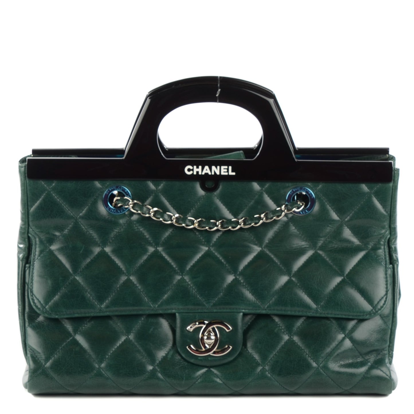 Glazed Calfskin Quilted Small CC Delivery Tote Green