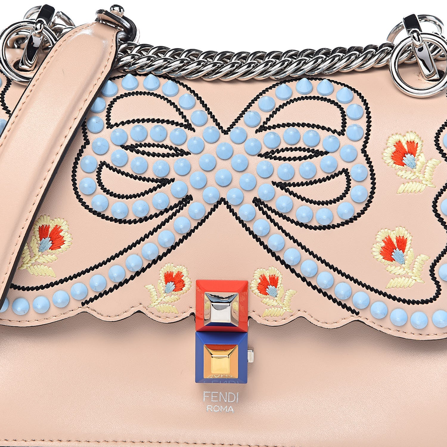 Fendi Vitello Liberty Scalloped Studded Flowers and Bows Small Kan I Shoulder Bag Plaster Multicolor 10 of 10