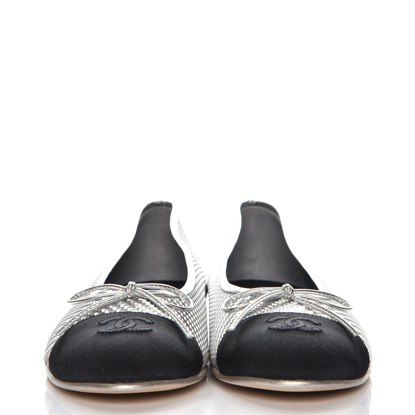Metallic PVC Grosgrain Cap Toe Ballerina Flats 40.5 Silver Black