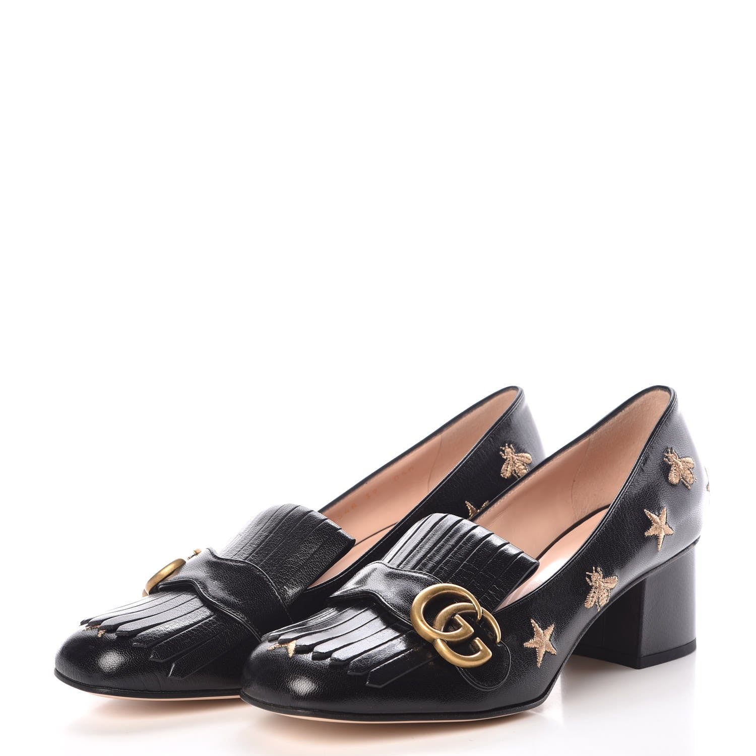 Gucci Quentin Goatskin Bee Star Embroidered GG Marmont Fringe 50mm Loafer Pumps 39 Black 4 of 8
