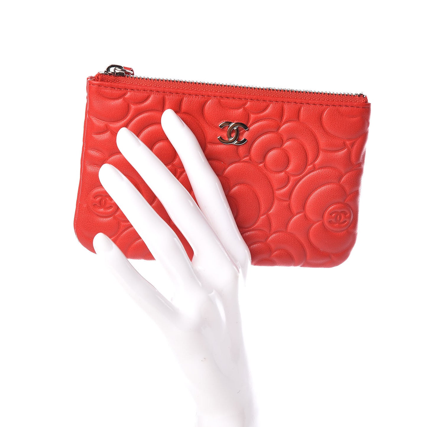 Goatskin Camellia Embossed Cosmetic Pouch Red