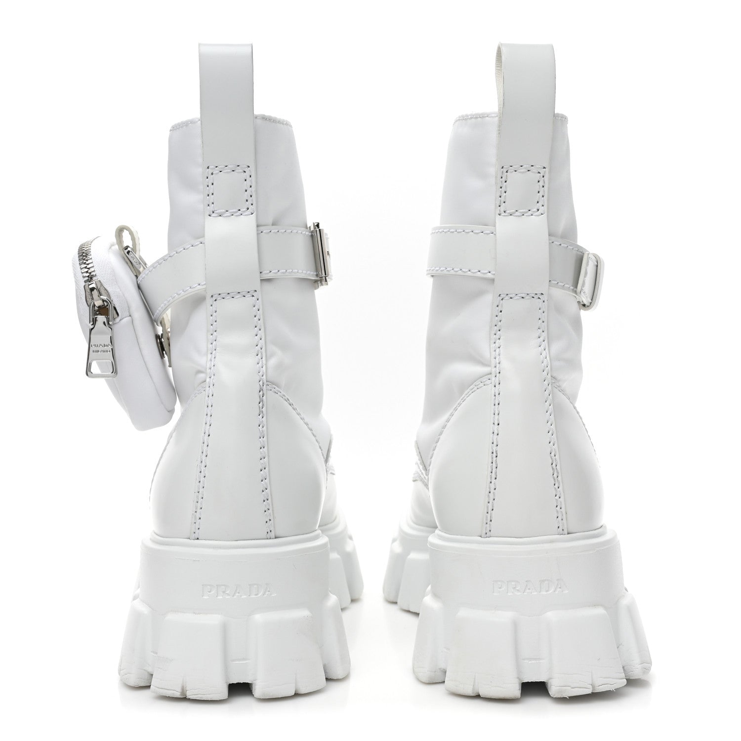 Prada Spazzolato Rois Re-Nylon Metal Triangle Logo Mens Monolith Pouch Pocket 60mm Combat Boots 7.5 White 4 of 10