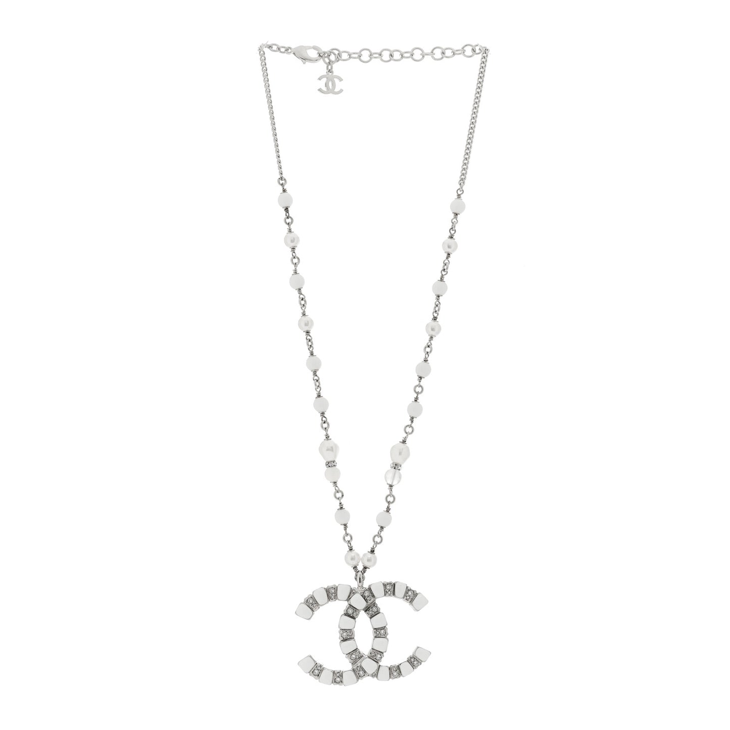Pearl Resin Crystal Large CC Pendant Necklace Silver White