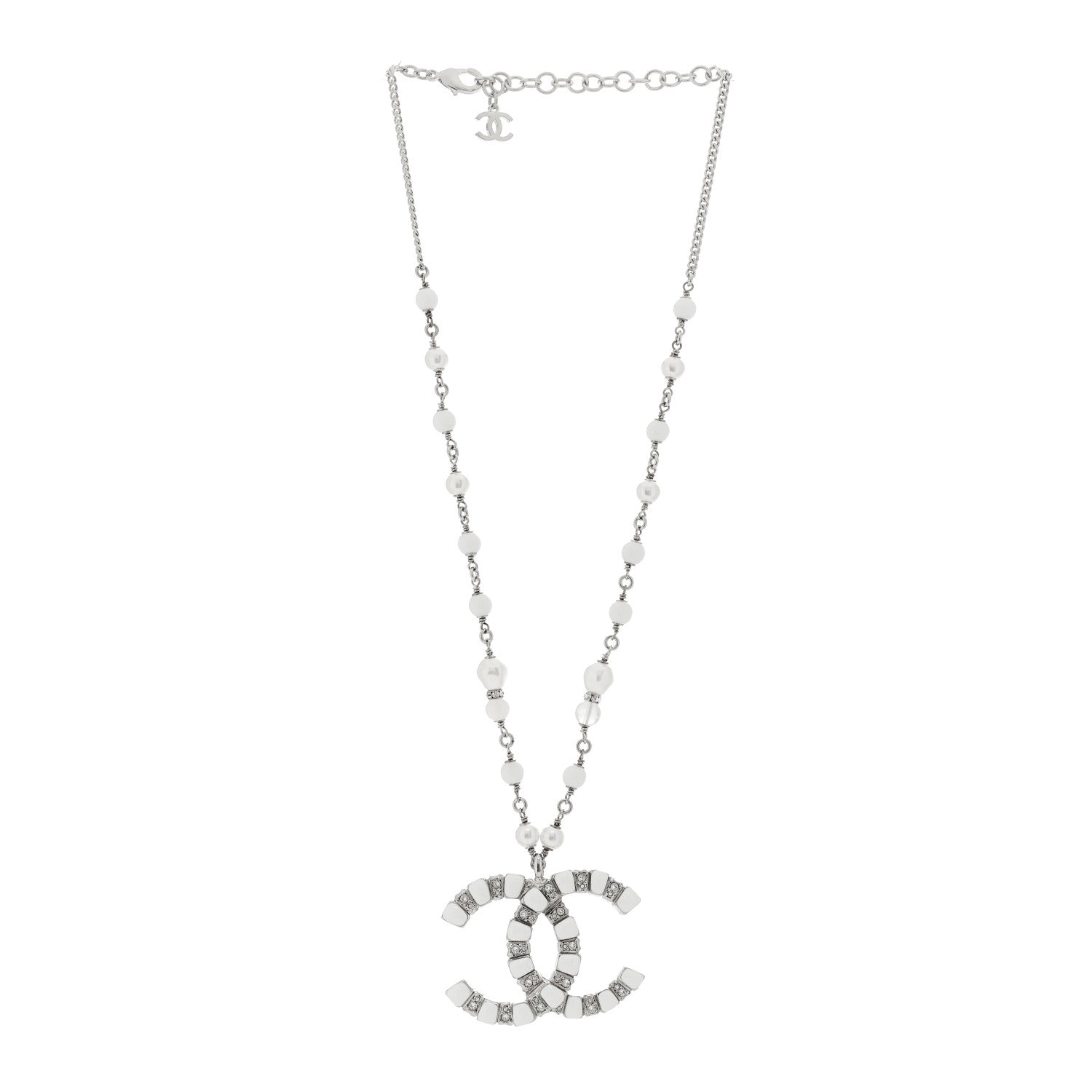 Chanel Pearl Resin Crystal Large CC Pendant Necklace Silver White 3 of 5