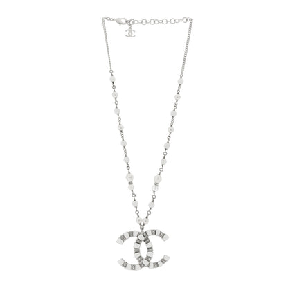 Chanel Pearl Resin Crystal Large CC Pendant Necklace Silver White 3 of 5