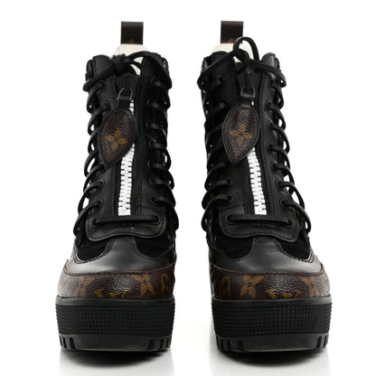 Louis Vuitton Suede Calfskin Crocodile Embossed Patent Monogram Laureate Platform Desert Boots 35 Black 2 of 8