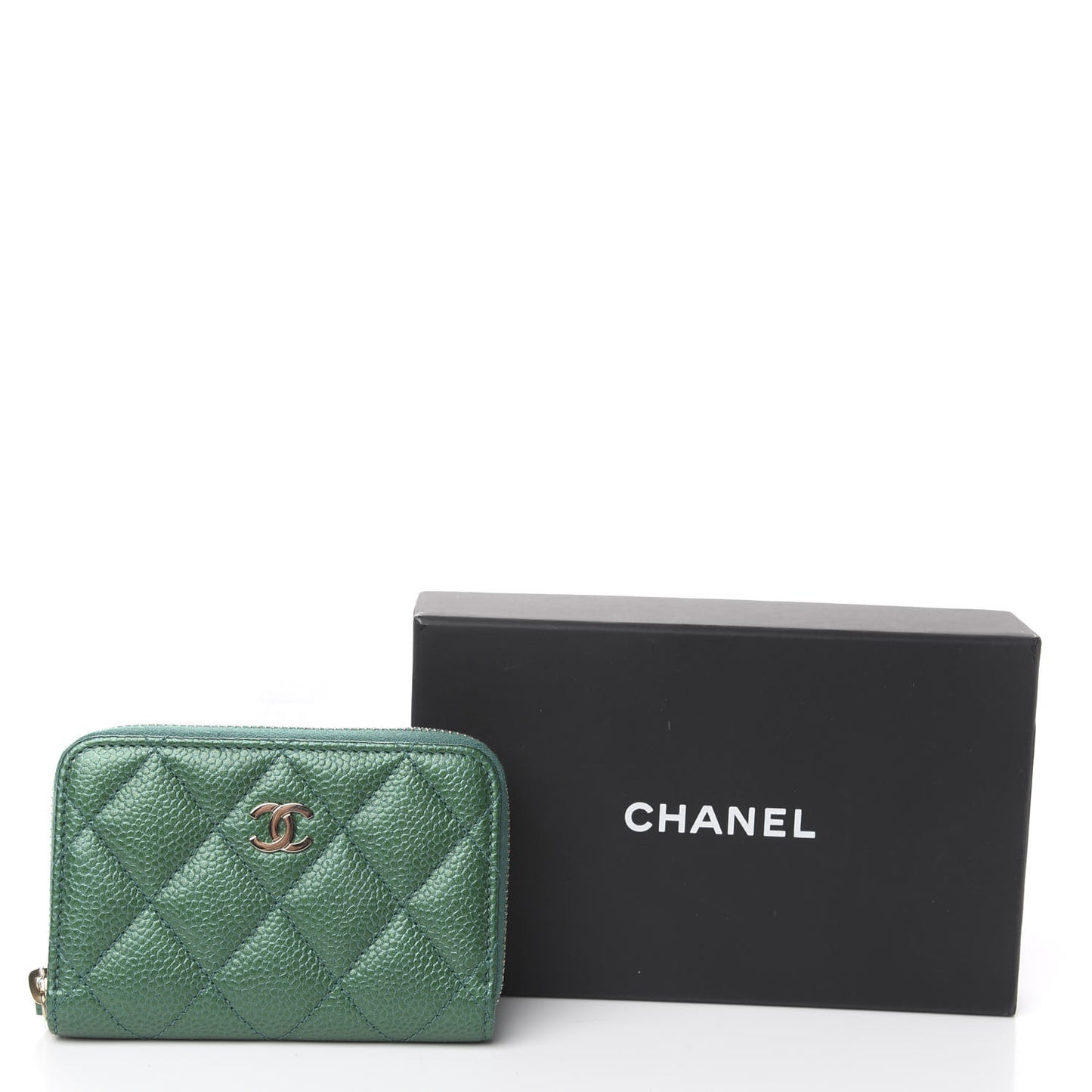 Metallic Caviar Quilted Zip Coin Purse Green