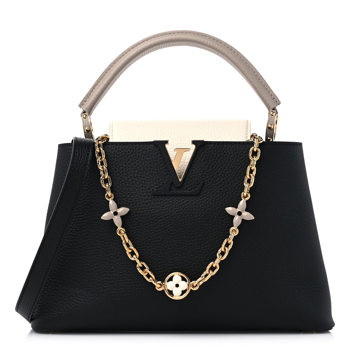 Louis Vuitton Taurillon Flower Chain Capucines MM Black Galet Gray Pearly Cream 1 of 9