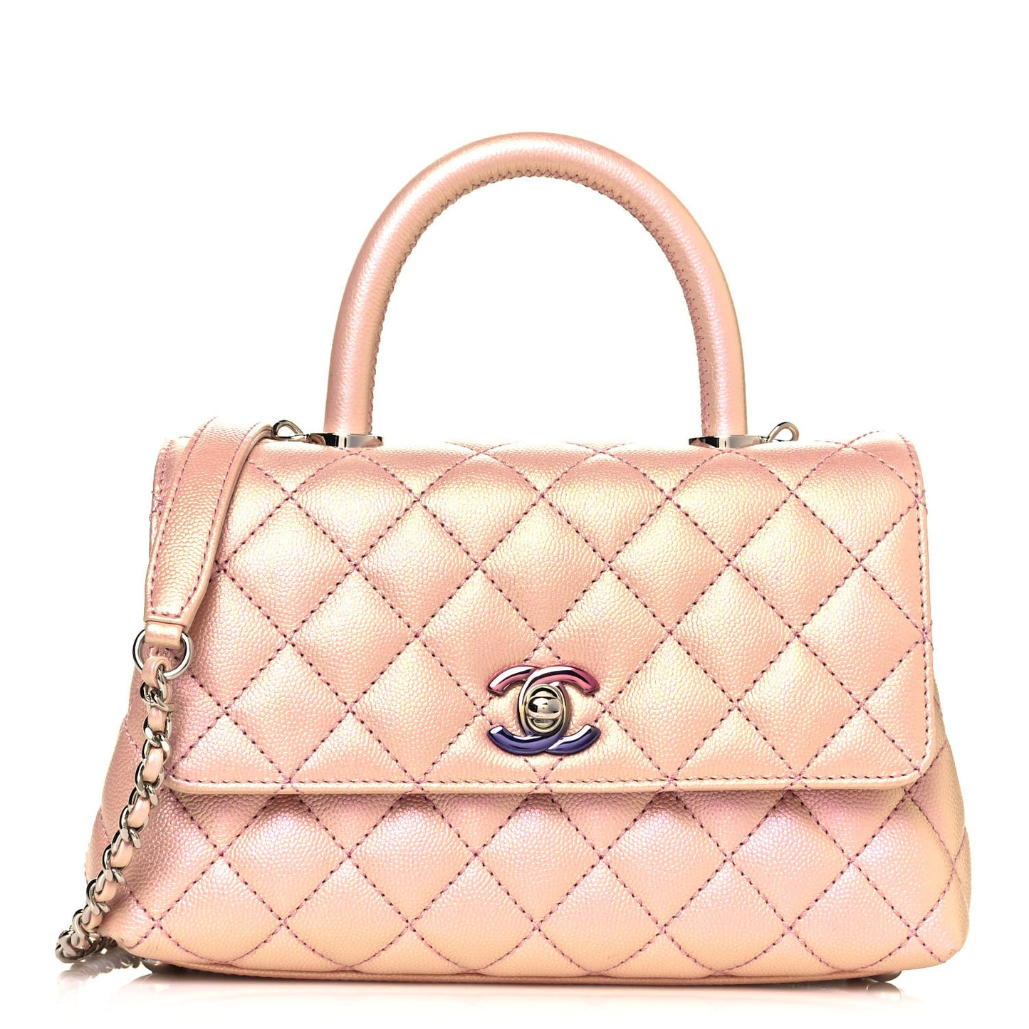 Iridescent Caviar Quilted Mini Coco Handle Flap Pink