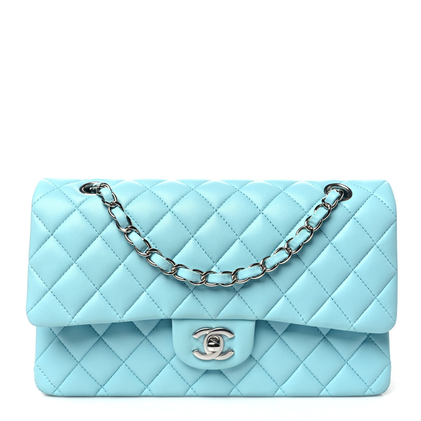 Lambskin Quilted Medium Double Flap Neon Blue