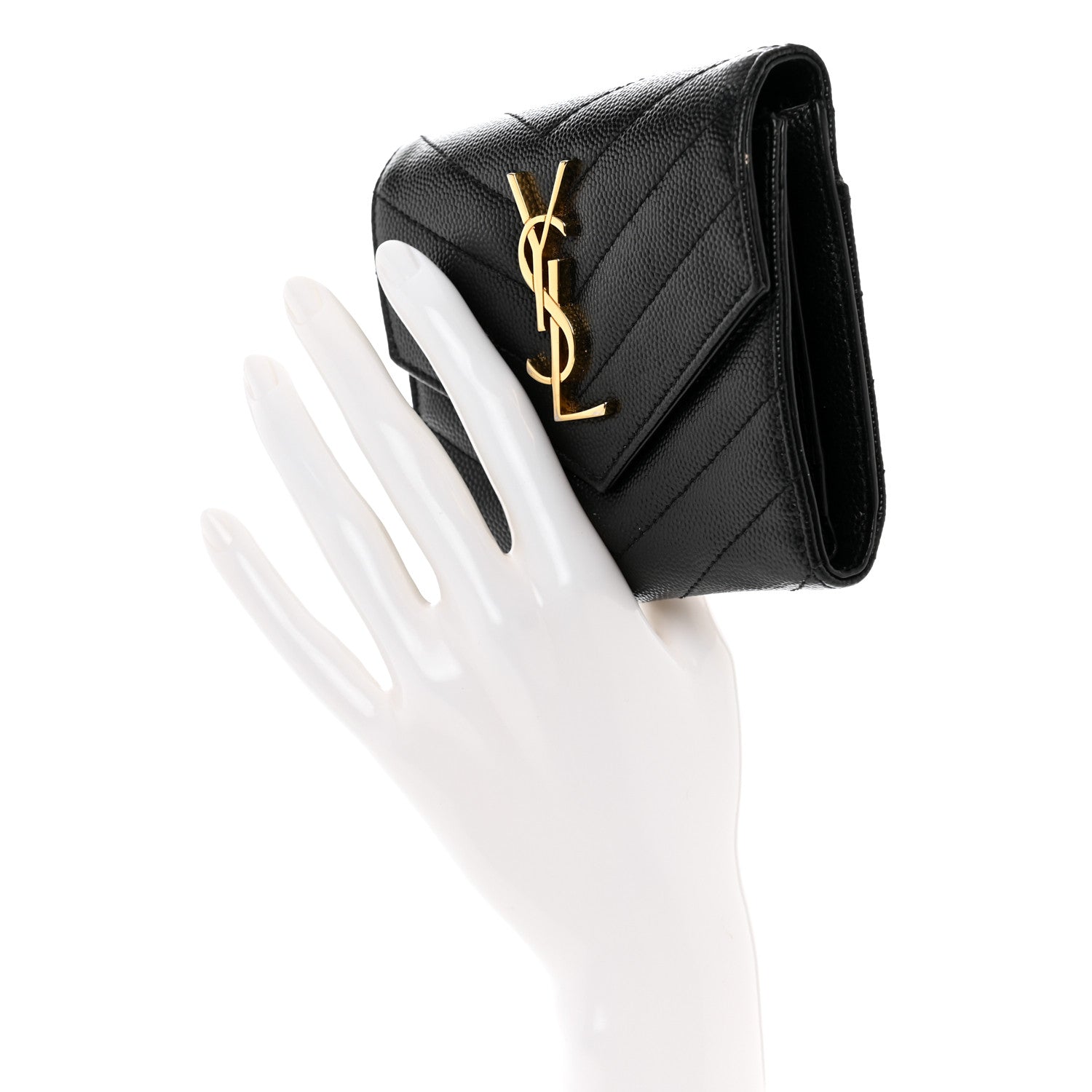 Saint Laurent Grain De Poudre Matelasse Chevron Monogram Compact Tri Fold Wallet Black 2 of 7