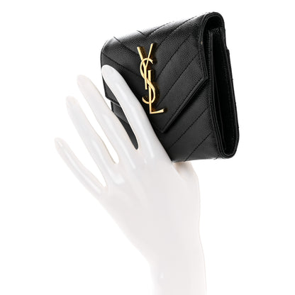 Saint Laurent Grain De Poudre Matelasse Chevron Monogram Compact Tri Fold Wallet Black 2 of 7