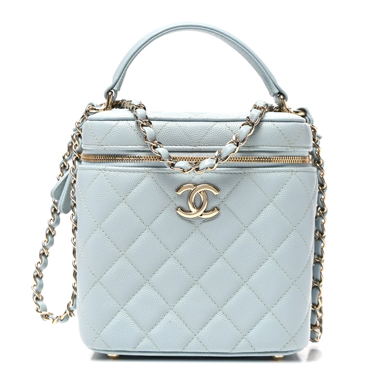 Caviar Quilted Small Top Handle Vanity Case With Chain Light Blue