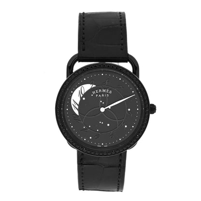 Hermes PVD Stainless Steel Alligator Black Diamond 36mm Arceau Ronde Des Heures Quartz Watch Noir 1 of 5