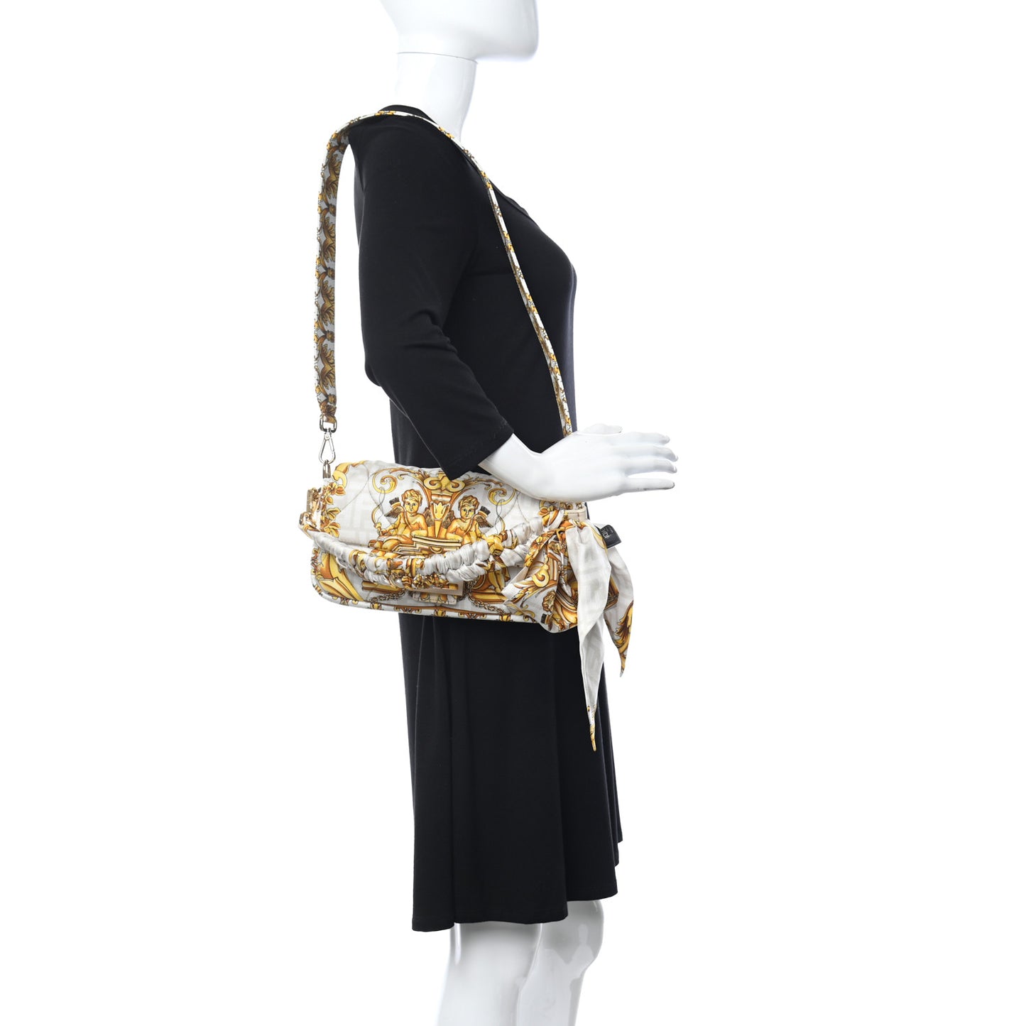 X VERSACE Silk Fendace FF Baroque Quilted Scarf Baguette White Gold