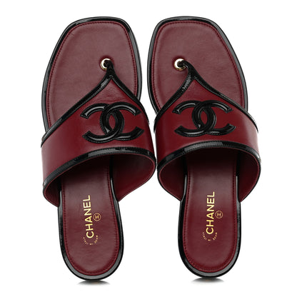 Chanel Lambskin Patent Calfskin CC Thong Sandals 37 Burgundy Black 5 of 9